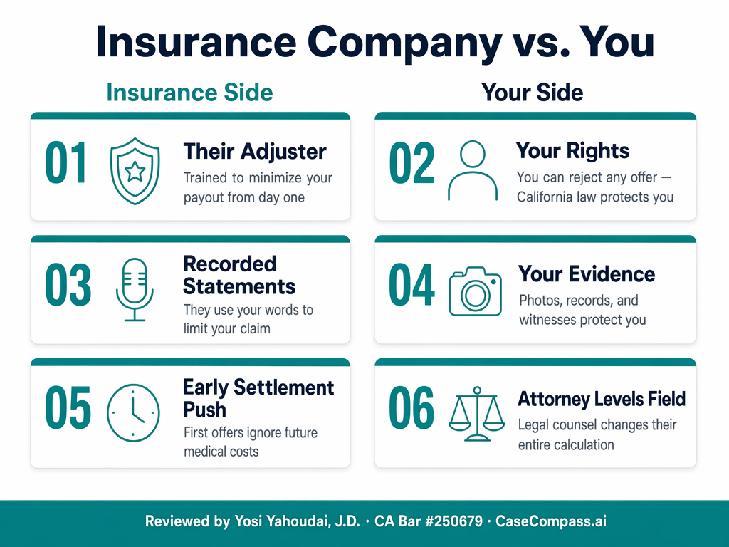 Insurance Company vs. You — what adjusters bring versus what accident victims face, and how a QOLA-vetted attorney levels the playing field in California.
