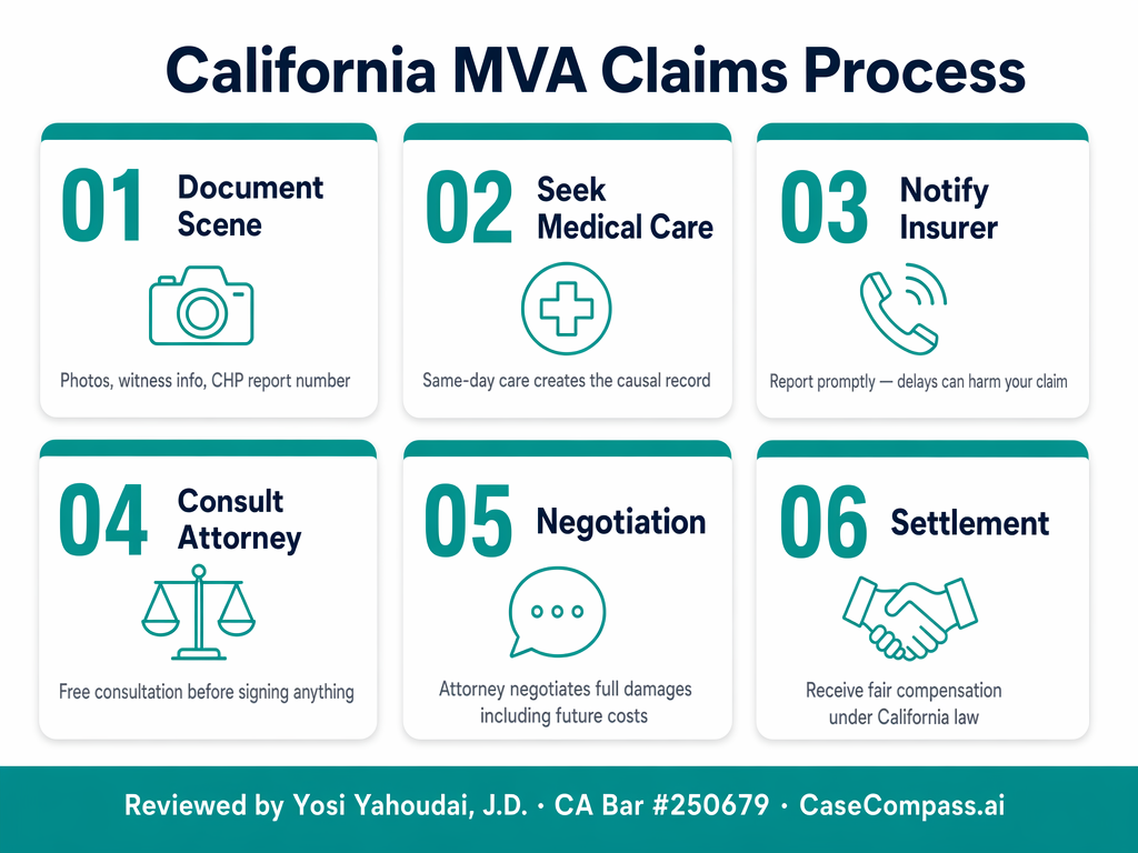 California MVA Claims Process — 6-step guide from documenting the scene to settlement, reviewed by Yosi Yahoudai, J.D., CA Bar #250679.