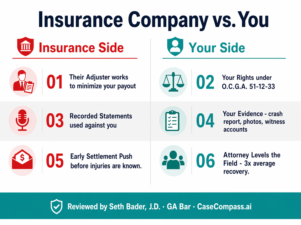 Insurance Company vs. You — what adjusters bring versus what accident victims face, and how a QOLA-vetted attorney levels the playing field in Georgia.