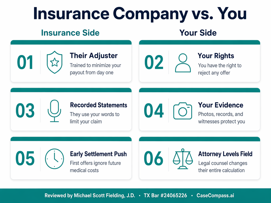 Insurance Company vs. You — what adjusters bring versus what accident victims face, and how a QOLA-vetted attorney levels the playing field in Texas.