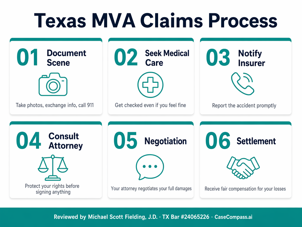 Texas MVA Claims Process — 6-step guide from documenting the scene to settlement, reviewed by Michael Scott Fielding, J.D., TX Bar #24065226.